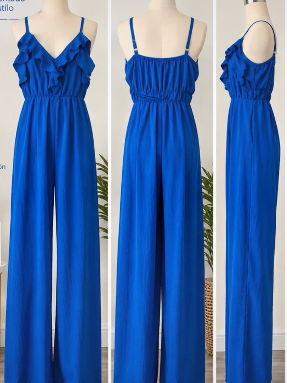 SHEIN Royal Blue Ruffle V-Neck Wide-Leg Jumpsuit